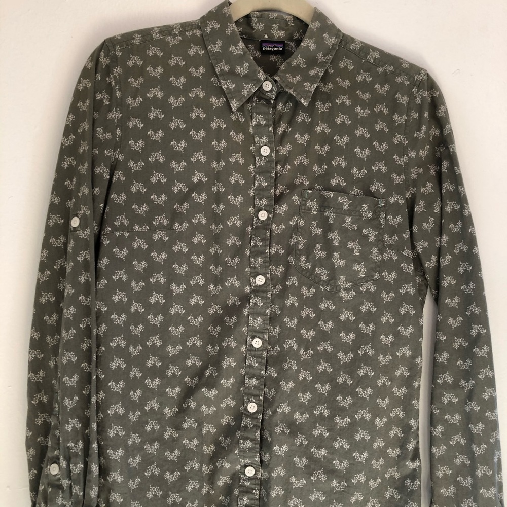 Green Button Down Shirt White Flower Pattern